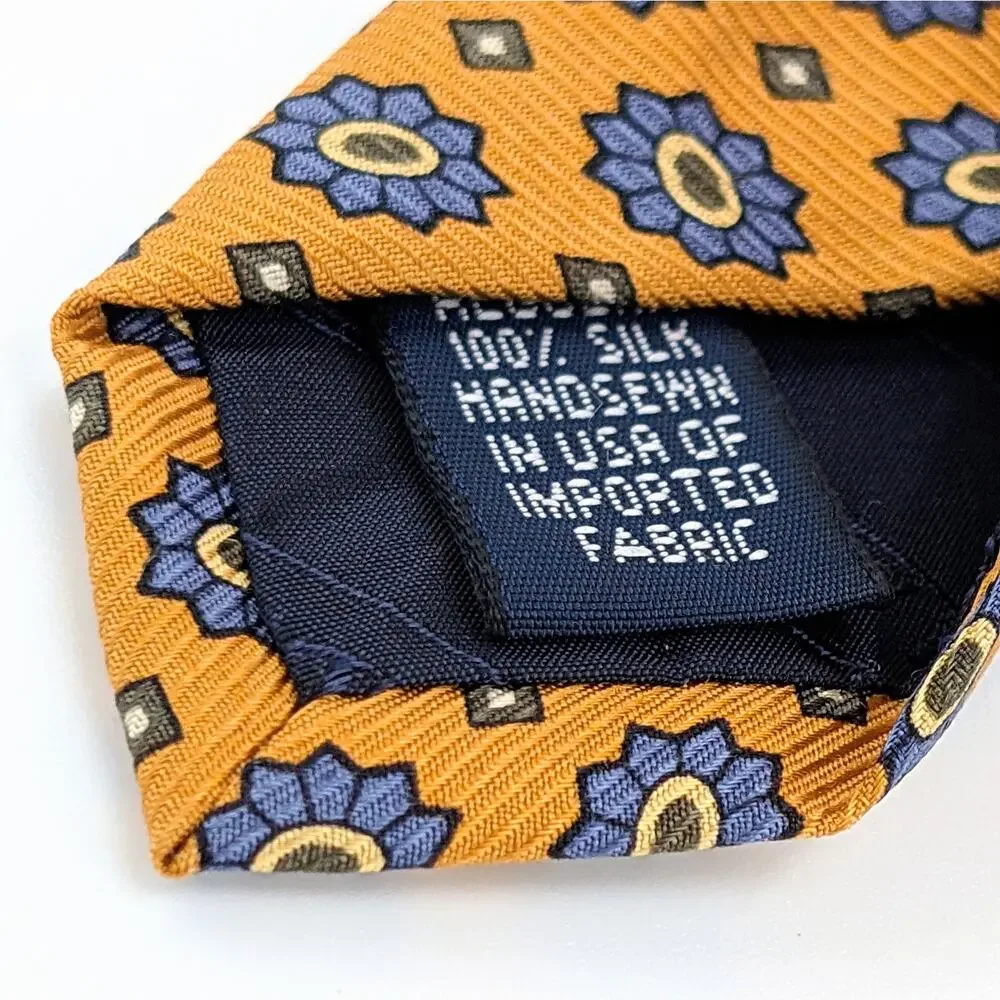 Vintage 90s Lands End Silk Jacquard Tie Geometric Medallion Gold Blue Y2K Preppy